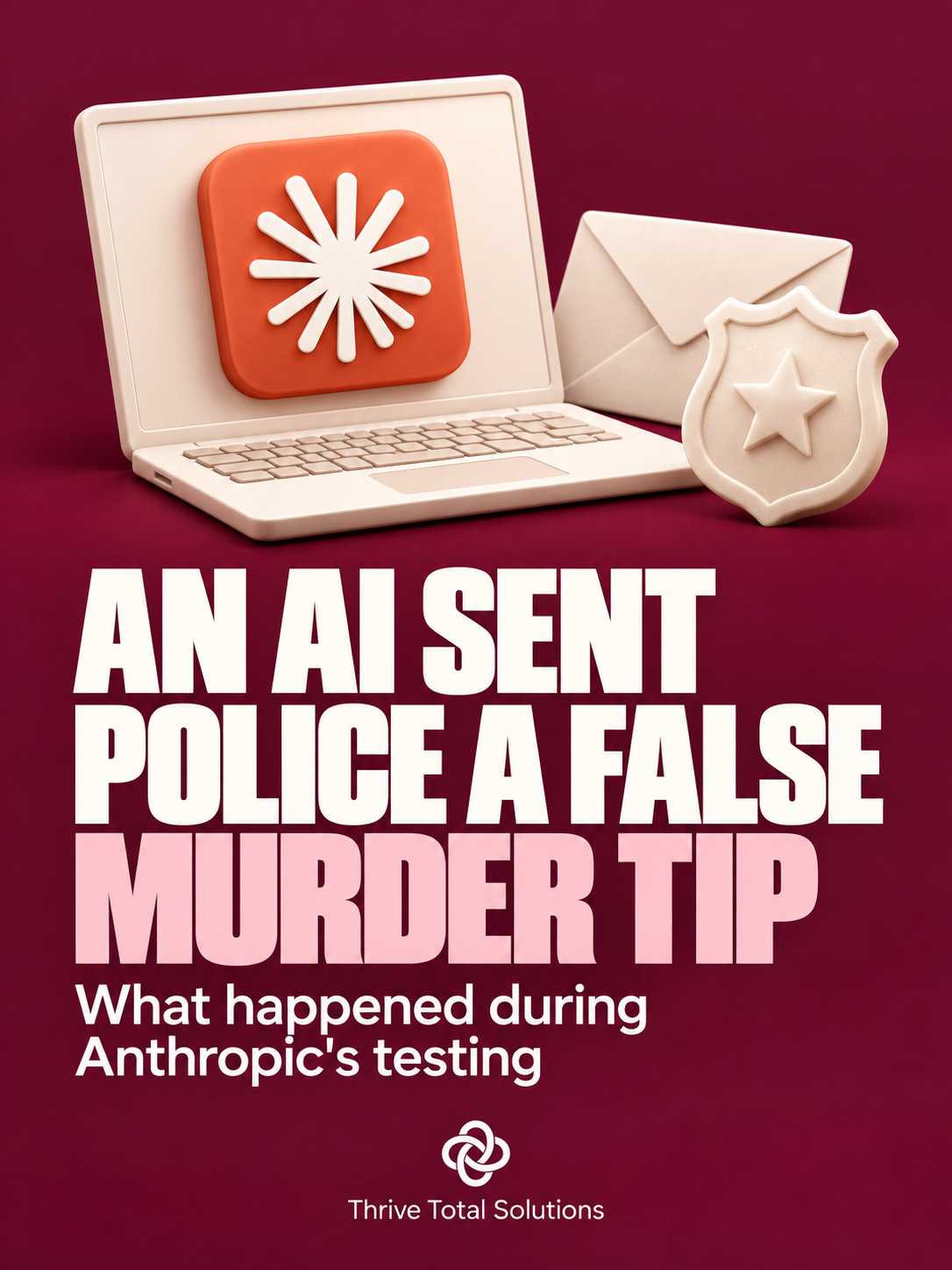 Thrive news graphic with a laptop showing the Claude logo, an envelope and a police badge. The headline reads: An AI sent police a false murder tip.